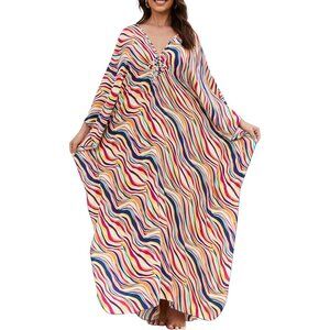Women's Rainbow Bar V-neck Batwing Sleeve Flowy Split Hem Bohemian Kaftan Dress